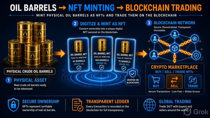 Infographic illustrating the process of tokenizing physical crude oil barrels as NFTs and trading them on a blockchain marketplace, with stages labeled Physical Asset, Digitize & Mint as NFT, and Blockchain Network.