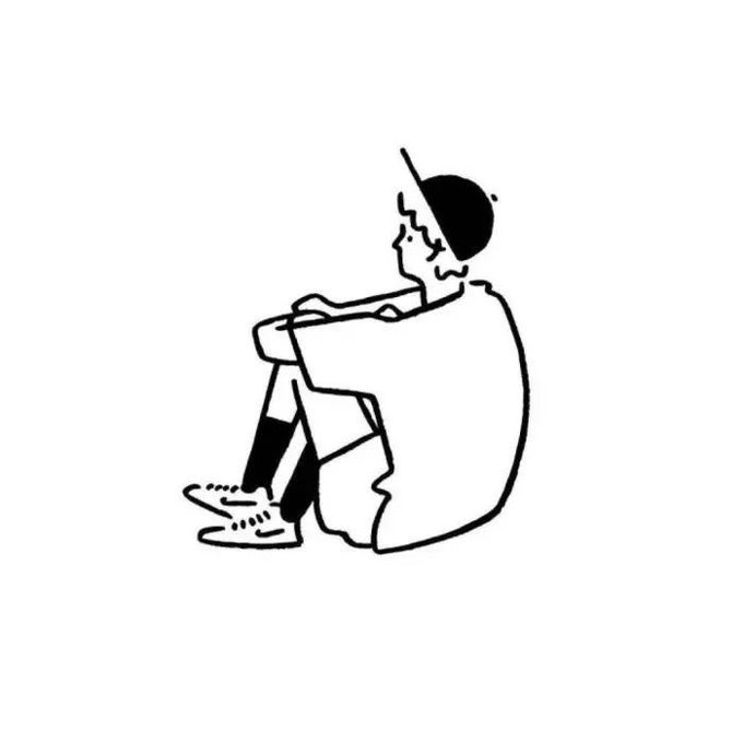 A simple black and white line drawing of a person sitting on the floor with their knees drawn up, appearing distressed or contemplative.