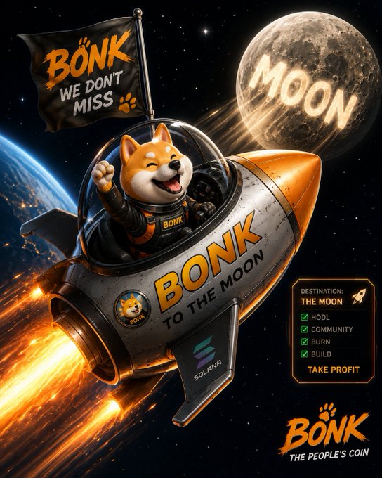Promotional artwork for the BONK memecoin showing a Shiba Inu dog astronaut in a rocket heading 'TO THE MOON' on the Solana blockchain, with checklist items HODL, COMMUNITY, BURN, and BUILD.