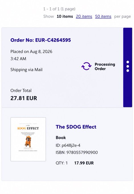 A mobile order confirmation screen showing Order No: EUR-C4264595, placed on Aug 8, 2026, for "The $DOG Effect" Book (ISBN: 9780557990900) totaling 27.81 EUR.