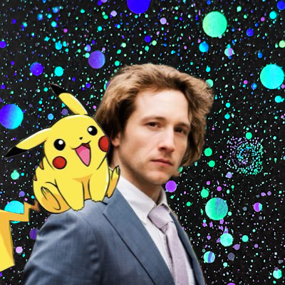 A man in a blue suit poses beside a cartoon Pikachu against a black, space-like background filled with turquoise, purple, and blue dots. The multicolored palette echoes the post’s “Solana colors look better” message, though no other text, numbers, tickers, or names are visible.