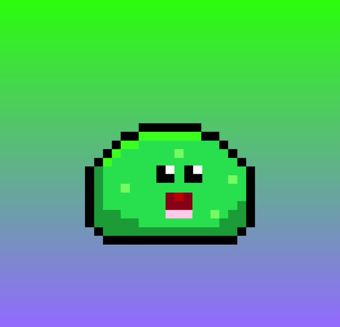 A pixel art illustration of a green, cartoonish blob character with an open mouth and surprised expression, set against a gradient background transitioning from green to purple, representing the DROP : CODED NFT collection featured in the post.