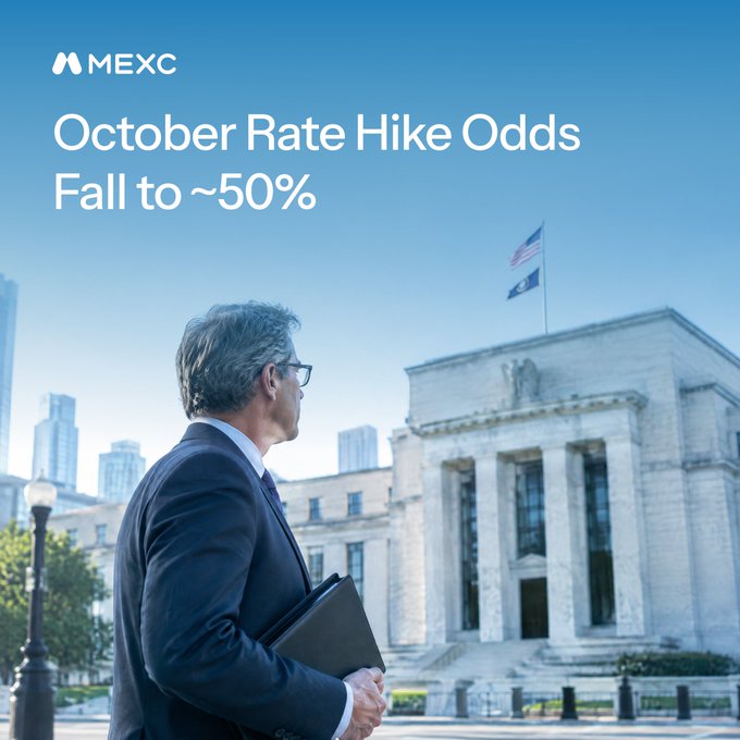 The image shows a man in a suit gazing at the Federal Reserve building, with overlaid text reading "MEXC" and "October Rate Hike Odds Fall to ~50%," visually symbolizing uncertainty around the Fed's next monetary policy decision as discussed in the accompanying post about declining hike odds, rising 10Y yields (~5.29%), and consumer confidence at 81.9.