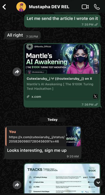 The image shows a cell phone screen with multiple chat messages displayed, including one from MantleOfficial about an AI test. The text of the message reads "All right 7:30 pm let me send the article I wrote on it." There are also other chat messages in the background, but they do not provide enough information to determine their content or relevance to the main message.