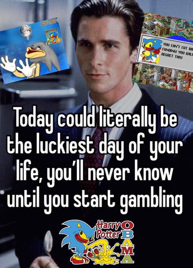 The image features a poster with a man wearing a suit and tie, possibly a businessman or a politician, holding a cup of coffee. The poster also includes a quote from Harry Potter that reads "Today could literally be the luckiest day of your life". There is another poster in the background featuring a cartoon character, likely Sonic the Hedgehog, which adds to the overall theme of the image.