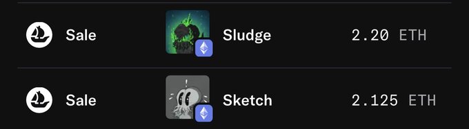An NFT marketplace listing showing two items for sale: 'Sludge' for 2.20 ETH and 'Sketch' for 2.125 ETH, each marked with a Sale tag.