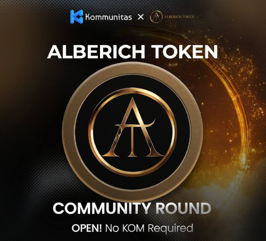 A promotional graphic for 'ALBERICH TOKEN' announces a 'COMMUNITY ROUND' that is 'OPEN! No KOM Required', featuring a collaboration with 'Komunitas'.