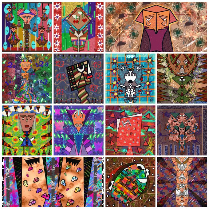 A grid of 12 colorful, abstract digital artworks featuring stylized faces, geometric shapes, and vibrant backgrounds in a cubist-inspired style.