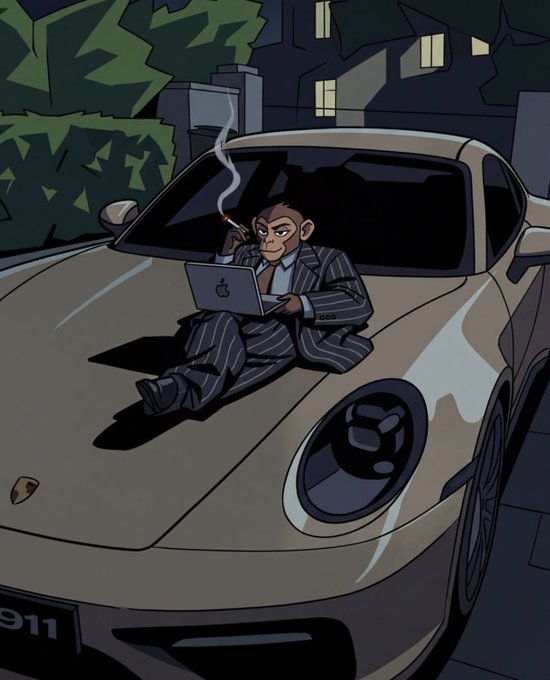 An illustration of a chimpanzee wearing a pinstripe suit, sitting on the hood of a tan Porsche with a license plate ending in '911', smoking a cigar and using a silver Apple laptop.