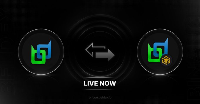 A promotional graphic showing a token bridge between two cryptocurrency logos with arrows indicating exchange, labeled 'bridge.beidex.io' and 'LIVE NOW'.