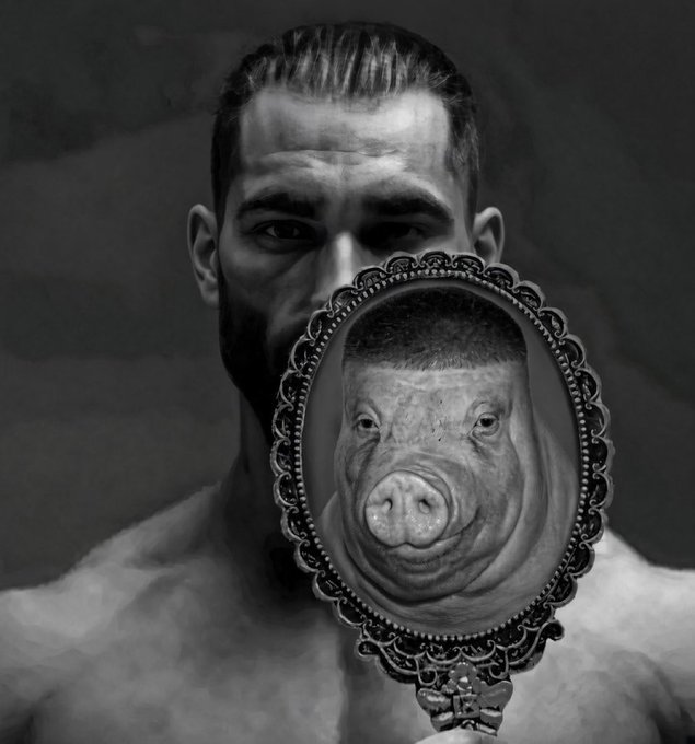 A black and white image of a man with braided hair holding an ornate hand mirror that reflects a pig's face instead of his own.
