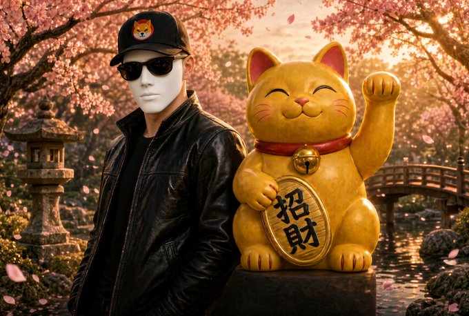 A digitally rendered image of a man in a black leather jacket, sunglasses, and a dog-emblazoned cap standing next to a golden Maneki-neko (Japanese lucky cat) holding a "招財" (wealth-attracting) coin, set against a cherry blossom backdrop.