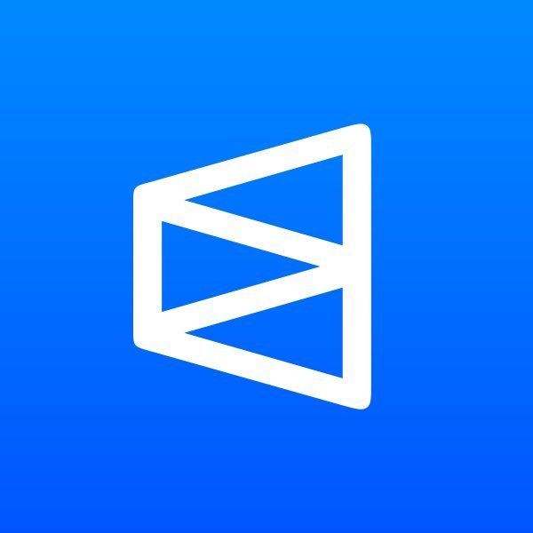 A simple logo featuring a stylized white letter 'B' or geometric symbol on a solid blue background.