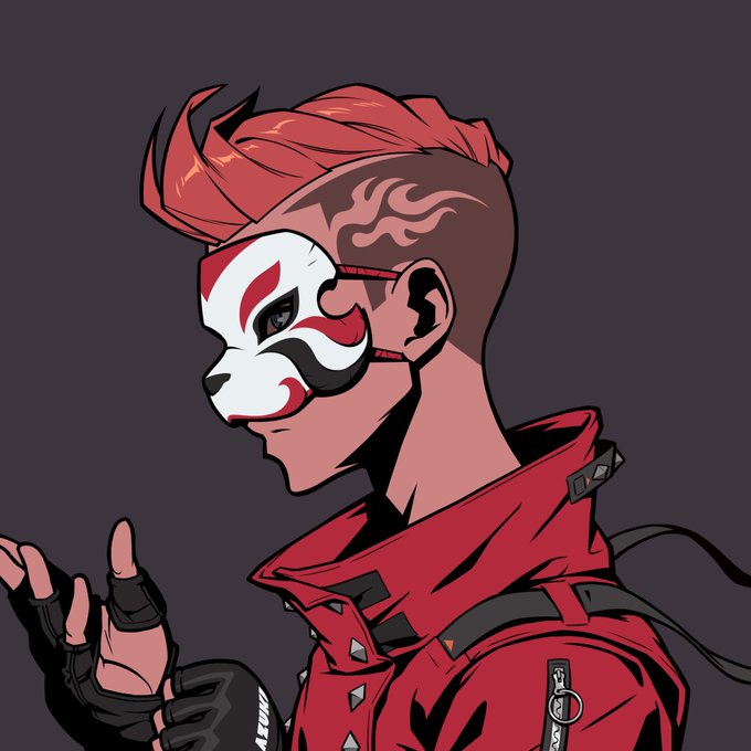 A digital illustration of a character with red hair, a white fox mask with red markings, wearing a red jacket and fingerless gloves against a dark background.