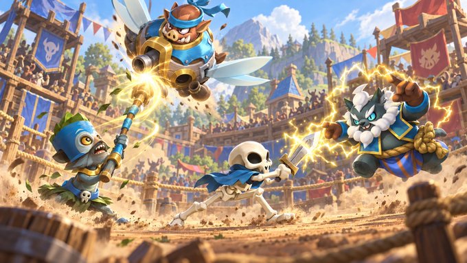 A colorful fantasy illustration of cartoon game characters—a goblin with a staff, a small flying creature with a gun, a skeleton warrior, and a white-furred wizard—battling in an arena.