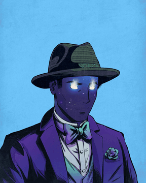 A stylized comic book illustration of a mysterious figure in a purple suit, green bowtie, and fedora hat, with glowing white eyes and stars on a dark face against a blue background.