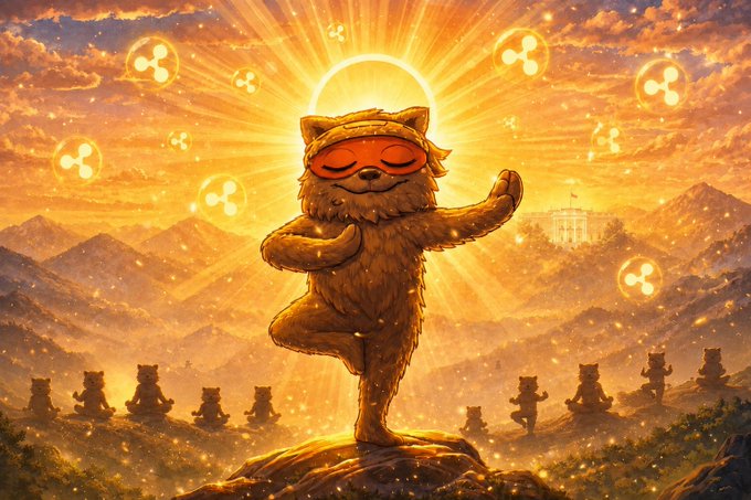 A furry cat-like creature wearing an orange headband meditates in a tree pose on a sunlit mountain, with the White House glowing in the background and other similar figures meditating along the ridges, surrounded by floating XRP logos. The image ties to the "GM XRP Army" post by blending zen symbolism with Ripple's presence at the White House, suggesting disciplined focus on $XRP's bullish day ahead.