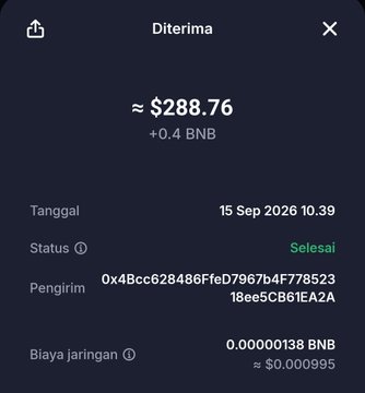 The image shows a completed transaction confirmation in Indonesian (titled "Diterima," meaning "Received") for approximately $288.76 worth of 0.4 BNB sent from the wallet address 0x4Bcc628486FfeD7967b4F77852318ee5CB61E2AA, with a network fee of 0.00000138 BNB, dated 15 Sep 2026. This appears to be a screenshot used as proof of payment to the public sale address (0x4ef114F6e622a39de9EF6617Bf4272AB17cBd0aa) mentioned in the accompanying post, demonstrating a qualifying purchase of at least 0.1 BNB for the $DOUBAO token claim.