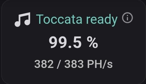 A status dashboard displays "Toccata ready" at 99.5% hashrate, with 382/383 PH/s mining on the upgraded node software, supporting the announcement that the Kaspa ($KAS) network is nearly fully prepared for the Toccata upgrade going live in ~24 hours.
