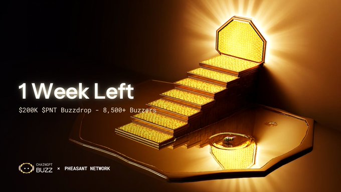A glowing gold chest of treasure opens to reveal a staircase ascending into radiant light, with golden coins spilling onto a pedestal beneath an octagonal portal, symbolizing the rewards of the "$200K $PNT Buzzdrop" on Ethereum. Bold white text announces "1 Week Left," while the Chainsport BUZZ x Pheasant Network logos appear in the lower left, reinforcing the urgency and prestige of the event, which ends September 13 at 12PM UTC and has already attracted over 8,500 Buzzers.