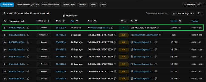 A screenshot of an Etherscan transactions page for the wallet @TedPillows, highlighting a 14-hour-old transaction transferring 5,300 ETH to address 0x847A06F...4F507E00 with a gas fee of 0.00014296 ETH.
