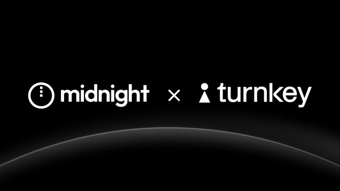 The image features a logo for a company named "Midnight" that is collaborating with another company called "turnkeyhq". The logo includes a clock symbolizing the concept of "midnight", along with the words "@turnkeyhq" and "@ MidnightNtwrk". This collaboration aims to bring developer-first wallet infrastructure to the Midnight platform.