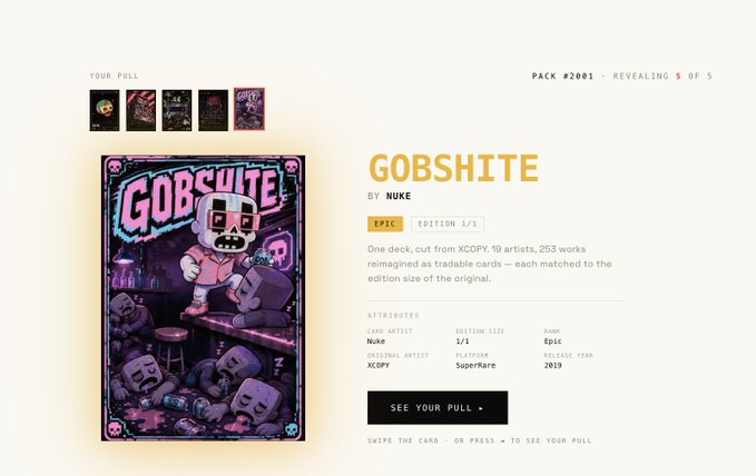 A digital trading card display for "GOBSHITE" by Nuke, edition 1/1, revealed as part of Pack #2001 (5 of 5) from the XCOPY trading card collection on Manifold, with the artwork showing a purple-haired skull character in a pixel-art style bar scene.