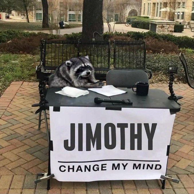 A meme image showing a raccoon sitting at a table outdoors with a sign reading 'JIMOTHY - CHANGE MY MIND', replacing the typical human figure in the classic format.
