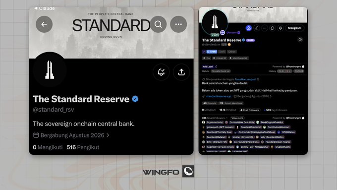 The image shows two panels displaying the X/Twitter profile for "The Standard Reserve" (@standard_rsv), tagged as "THE PEOPLE'S CENTRAL BANK" and "COMING SOON," with the bio describing it as "The sovereign onchain central bank." Key details visible include a location of "Berabung Agustus 2026," 516 followers, and recent posts about NFT distribution waves and a 1,000 supply mentioned in the accompanying text.