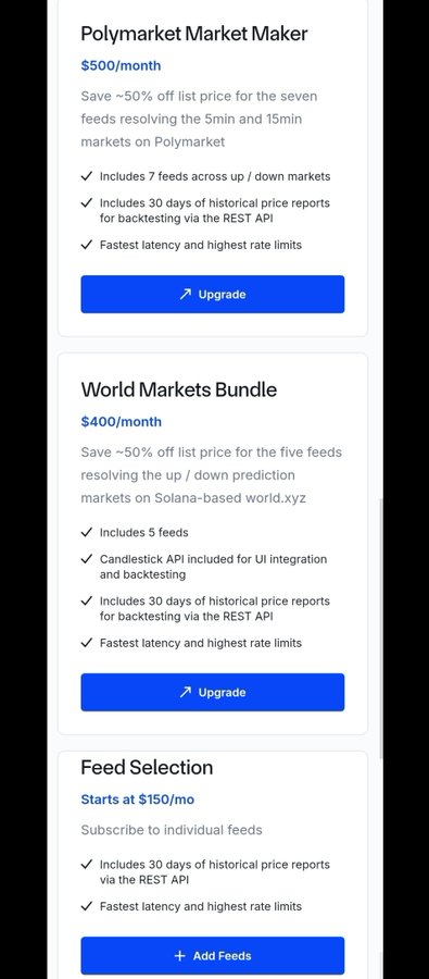The image displays Chainlink's pricing tiers for data feed subscriptions, including a "Polymarket Market Maker" plan at $500/month, a "World Markets Bundle" at $400/month, and individual "Feed Selection" starting at $150/mo. The pricing aligns with the post's point that Chainlink (LINK) is now commanding premium rates for its secure data services, signaling increased entrenchment and value in the market.