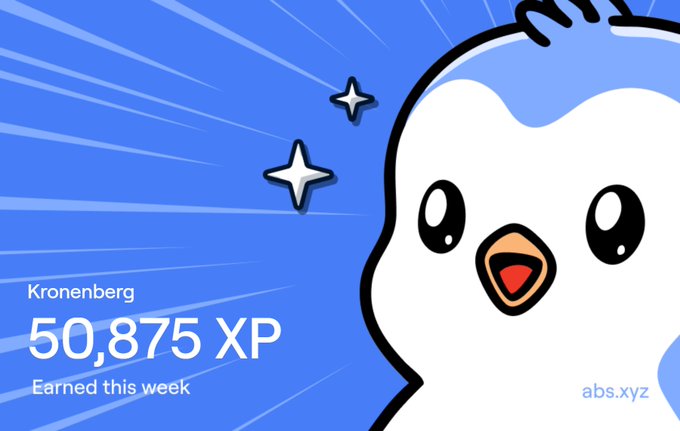 A cheerful blue graphic featuring a cartoon bird character alongside text reading "Kronenberg 50,875 XP Earned this week" with the abs.xyz logo in the corner.