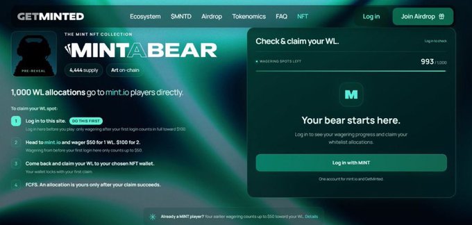 A screenshot of the GETMINTED website featuring 'THE MINT NFT COLLECTION MINT A BEAR', showing instructions for claiming a WL spot and a panel reading 'Check & claim your WL'.