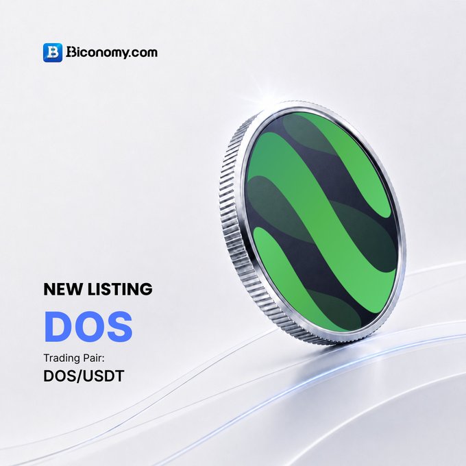 A promotional graphic for Biconomy.com announcing a 'NEW LISTING' of the token 'DOS', with the trading pair 'DOS/USDT' and a 3D rendered coin.