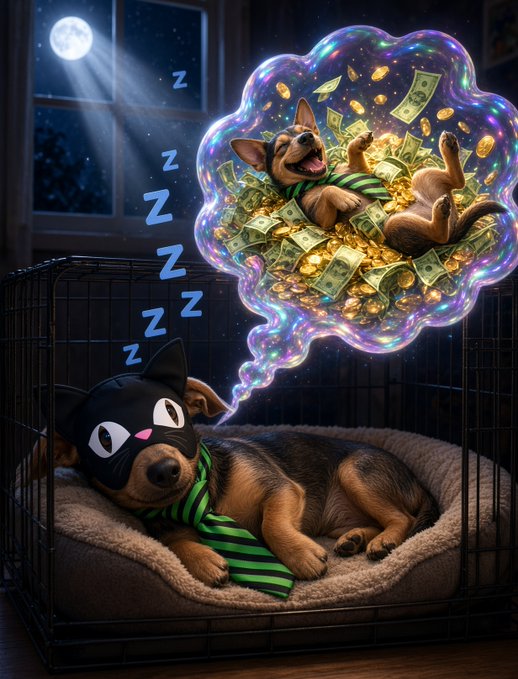 A sleeping dog wearing a green and black striped tie and a black cat-eared sleep mask dreams in a crate, with a thought bubble showing the dog joyfully surrounded by gold coins and dollar bills under a full moon.