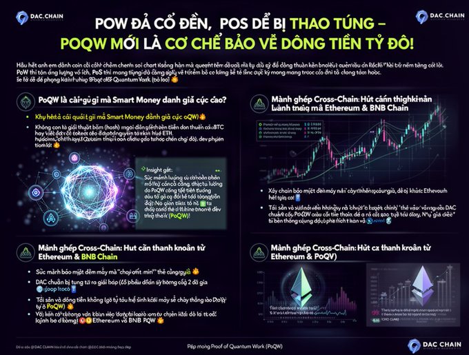 An infographic about cryptocurrency titled 'POW đã cổ điển, POS dễ bị thao túng – PoQW mới là cơ chế bảo vệ dòng tiền tỷ đôi!' comparing blockchain consensus mechanisms. It features DAC.CHAIN branding and discusses PoQW (Proof of Quantum Work) as an alternative to traditional POW and POS systems, with charts showing Ethereum and BNB Chain data.