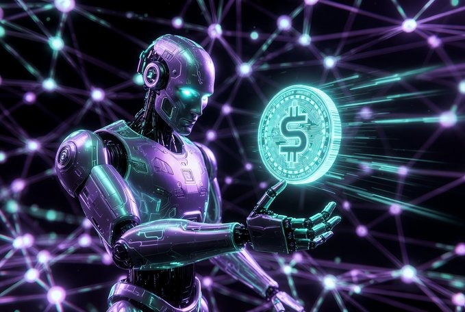A sleek humanoid robot holds a glowing teal coin featuring a dollar sign ($), set against a vibrant purple and teal digital network background—visually symbolizing the rise of AI agents autonomously transacting in USDC stablecoins via Coinbase's new x402 protocol.