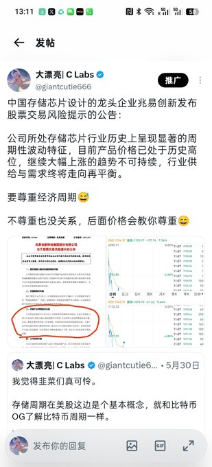 The image shows a Weibo post from "大漂亮 | C Labs" (@giantcutie666) discussing a stock risk warning announcement from a leading Chinese memory chip design company, highlighting the cyclical nature of the storage chip industry and emphasizing respect for economic cycles, with stock data showing -10.26% at 2021-07-07. The post also includes a quote "我觉得韭菜们真可怜" (I feel the leeks are really pitiful) and compares storage cycles to Bitcoin cycles, relating to the user's commentary about trading experts and the distinction between crypto and traditional stocks.