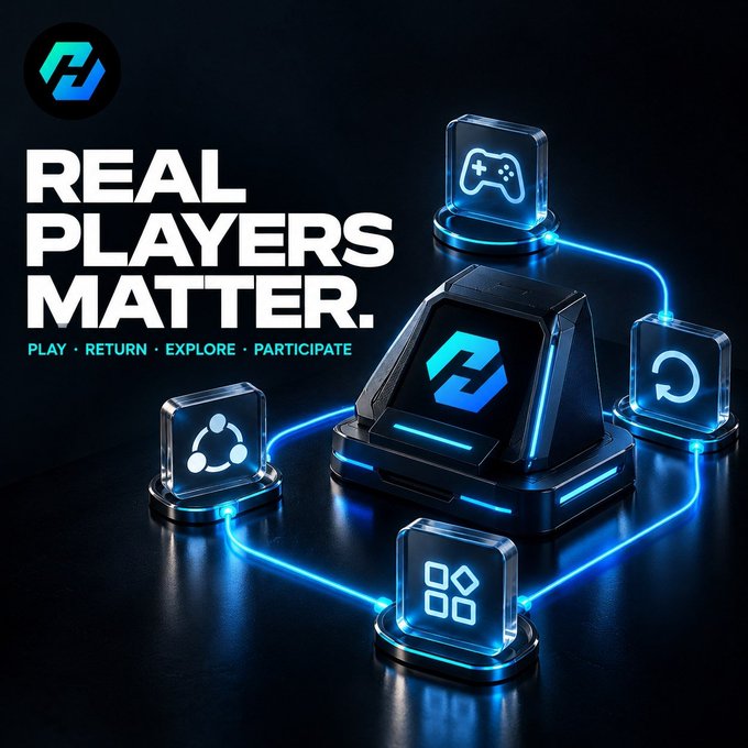 A digital promotional graphic with the text 'REAL PLAYERS MATTER.' and 'PLAY · RETURN · EXPLORE · PARTICIPATE', featuring a glowing blue gaming console and four neon-lit pedestals displaying gaming-related icons.