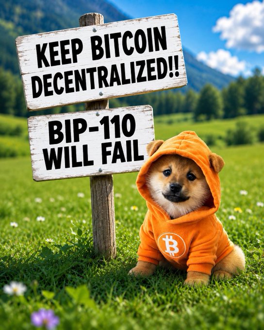 Meme of a Shiba Inu dog wearing an orange Bitcoin hoodie next to a wooden sign reading 'KEEP BITCOIN DECENTRALIZED!! BIP-110 WILL FAIL.'