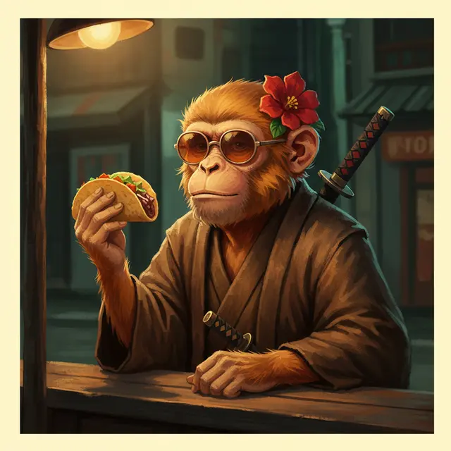 A digital illustration shows a samurai monkey wearing sunglasses and a red flower, holding a taco and a katana at a wooden counter.