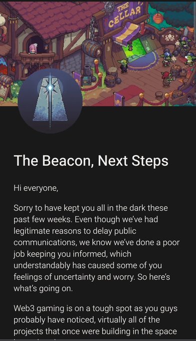 An article titled 'The Beacon, Next Steps' discusses Web3 gaming challenges, set against an illustration of a game scene called 'The Cellar'.