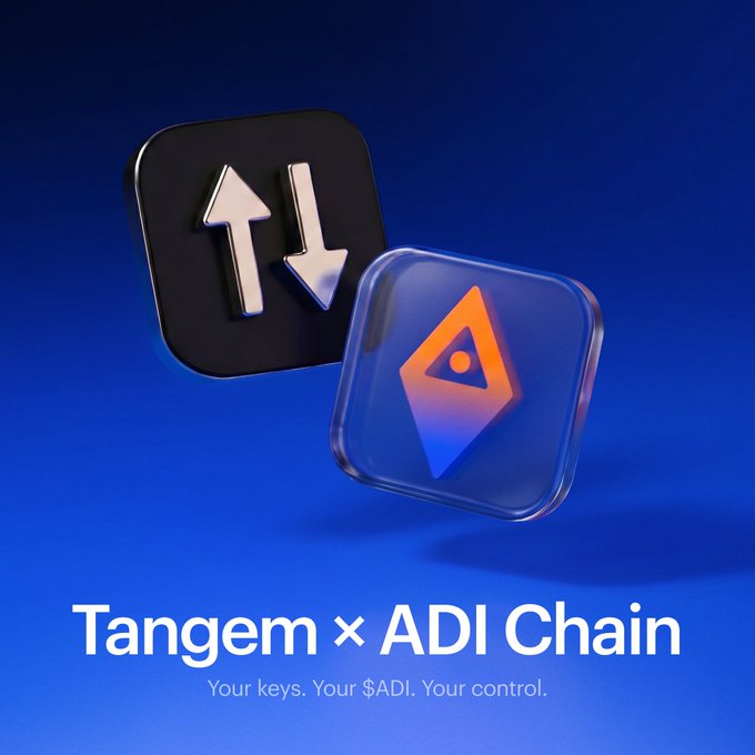 The image features two 3D app-style icons on a blue background — one showing up/down arrows and the other the orange ADI Chain logo — above the text "Tangem × ADI Chain" and the tagline "Your keys. Your $ADI. Your control." It visually represents the partnership between Tangem and ADI Chain, highlighting the co-branded hardware wallet and in-app support for $ADI self-custody now available through Virgin Megastores in the UAE.