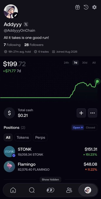 A trading profile screenshot for "Addyyy" (@AddyyyOnChain) showing a portfolio value of $199.72, up $71.77 over 7 days, with two open positions: $STONK at $151.31 (up 151.23%) and $Flamingo at $48.08 (down 11.22%), illustrating the user's post about hitting $200 again with STONK being their biggest gainer and their recent rotation into Flamingo.