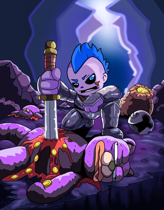 Pixel art illustration of a blue-haired warrior character with a sword, standing amid a bloody battlefield with purple monstrous creatures, skeletons, and a treasure bag of gold coins.