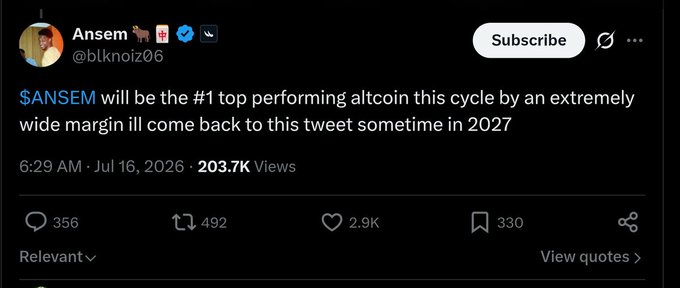 A tweet from Ansem (@blknoiz06) declares "$ANSEM will be the #1 top performing altcoin this cycle by an extremely wide margin ill come back to this tweet sometime in 2027," posted on July 16, 2026, with 203.7K views. The accompanying post critiques Ansem for needing to shill $ANSEM harder to reach the billions he promised, while noting unresolved security findings on ansem.io.