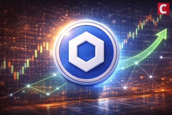A blue Chainlink (LINK) cryptocurrency coin is displayed prominently against a backdrop of candlestick charts and an upward-pointing green arrow, visually emphasizing the token's market activity alongside news of a large 578,000 LINK deposit to Binance by a GSR-linked address.