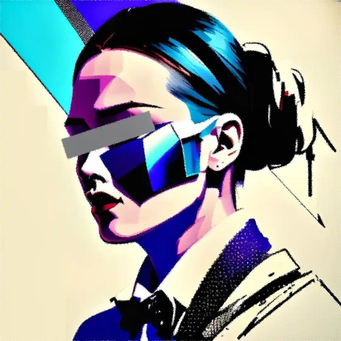 A stylized pop-art portrait of a woman with a ponytail wearing large blue reflective sunglasses and a white collared shirt, with a gray rectangle over her eyes.