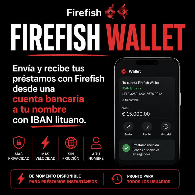 An advertisement for "Firefish Wallet" in Spanish, displaying a mobile interface with a Lithuanian IBAN account showing a balance of €15,000.00.