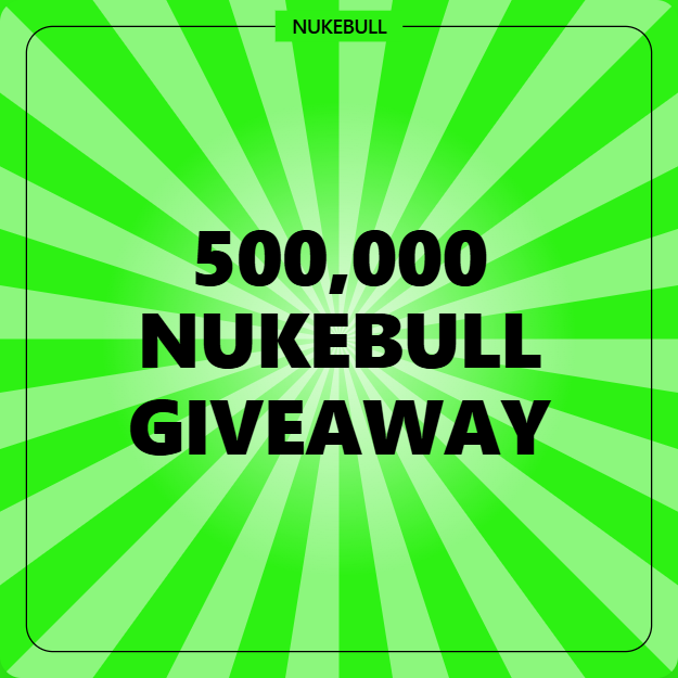 A bright green promotional graphic with sunburst rays announces a "500,000 NUKEBULL GIVEAWAY" in bold black text, promoting an airdrop for the first 500 participants who follow, like, retweet, and submit their Solana wallet addresses. The "NUKEBULL" branding appears at the top, matching the $NUKEBULL airdrop instructions described in the post.