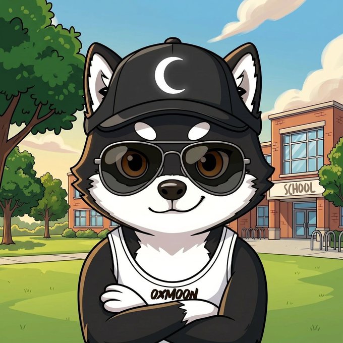 The image features a cartoon dog wearing sunglasses, a hat with a crescent moon design, and standing next to a school building. The dog appears to be posing for the camera while crossing its arms over its chest. In the background, there is a tree and a fence, adding to the overall scene. The post that accompanies this image reads: "When moonlight spills on my face I feel like I'm about to change my ways @mamebnb". This message seems to be related to the cartoon dog's appearance in the photo, as it suggests that the dog might be experiencing a transformation or change due to the moonlight.